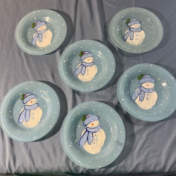 Linens and Things Set of 6 Holiday Snowman Blue Dessert Plates 7 7/8" - Picture 1 of 9
